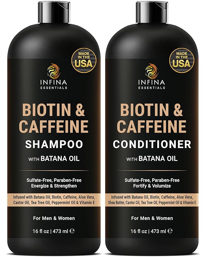 INFINA ESSENTIALS Caffeine Biotin Shampoo and Conditioner Set | Hair Thickening & Strengthening | 16 fl oz Each | with Batana Oil & Castor Oil | For Thinning Hair Care | Men & Women | Made in USA
