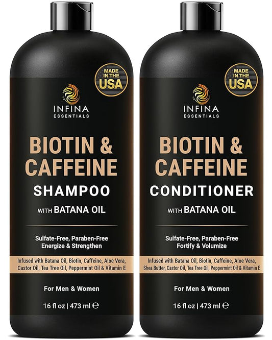 INFINA ESSENTIALS Caffeine Biotin Shampoo and Conditioner Set | Hair Thickening & Strengthening | 16 fl oz Each | with Batana Oil & Castor Oil | For Thinning Hair Care | Men & Women | Made in USA