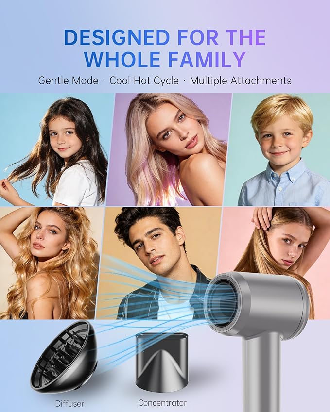 Plasma Ionic Hair Dryer with Diffuser, 110000 RPM High Speed Blow Dryer, Fast Drying Professional Hair Dryer with Smart Screen, Low Noise Ionic Hair Dryer for Curly Hair, Women & Men - Sliver Gray