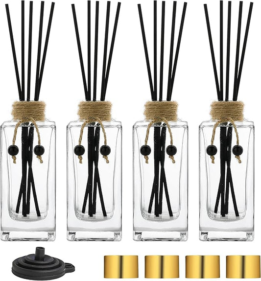 Glass Reed Diffuser Set of 4 - 5oz/155ml Clear Empty Essential Oil Diffuser Bottles with Caps and Reeds - Decorative Bottle Set - Bulk Reusable Apothecary Perfume Jar Gift