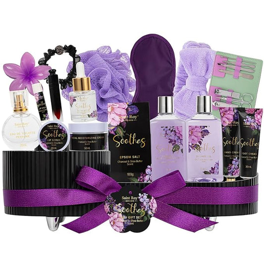Mothers Day Gifts for Women, 26 Pcs Spa Kit, Spa Gift Set, CHARCOAL & SHEA BUTTER Bath & Body Gift Makeup Organizer, Spa Gift Basket, Face Skin Care Kit, Lip Self-Care, Serum, Birthday, Christmas