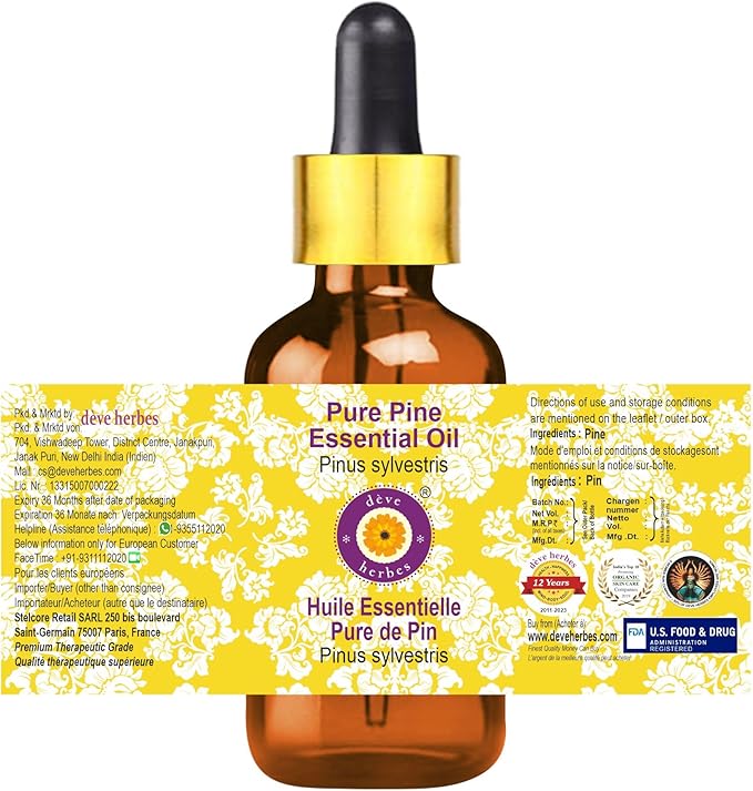 Deve Herbes Pure Pine Essential Oil (Pinus sylvestris) with Glass Dropper Steam Distilled 50ml (1.69 oz)