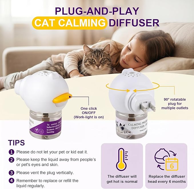 Cat Calming Diffuser，Helps Reduce Fighting, Tension & Aggression Between Cats，Cat Pheromones Calming Diffuser for Stress-2 Diffusers & 4 Refills