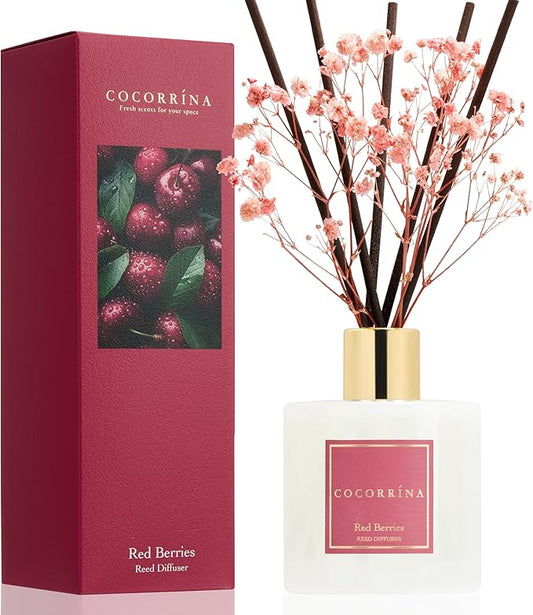 COCORRÍNA Reed Diffuser - Red Berries 6.7 fl oz Reed Diffuser with Sticks, Bedroom Bathroom Shelf Decor