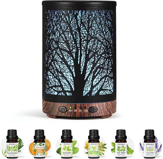 Oil Diffuser with Essential Oils Set, Aromatherapy Diffuser with 7 Color Lights and Auto Shut-Off, Cool Mist Diffuser with 6 Oils Gift Pack for Home Office (Tree with Oils)