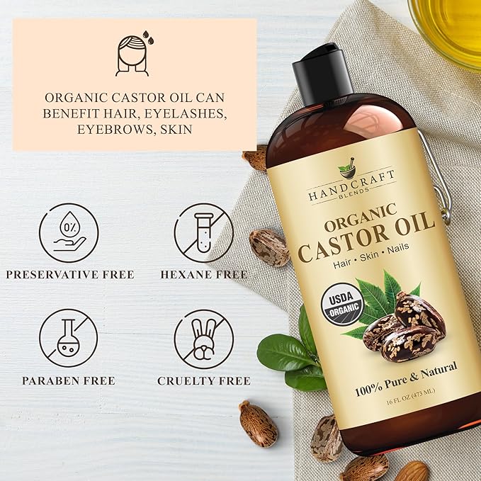 Handcraft Blends Organic Castor Oil 16 Fl Oz | Roll on Bottle | 100% Pure and Natural | Premium Grade Carrier Oil | Hair, Eyelashes and Eyebrows | Hair and Body | Expeller-Pressed | Hexane-Free
