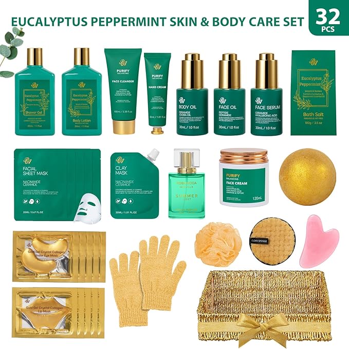 Eucalyptus 32 Pcs Mothers Day Gifts for Mom, Bath & Body Gift Basket for Women & Men, Hydrating Face Skin Care Kit, Self-Care Home Spa Basket Gift Set, Birthday, Christmas, Anniversary