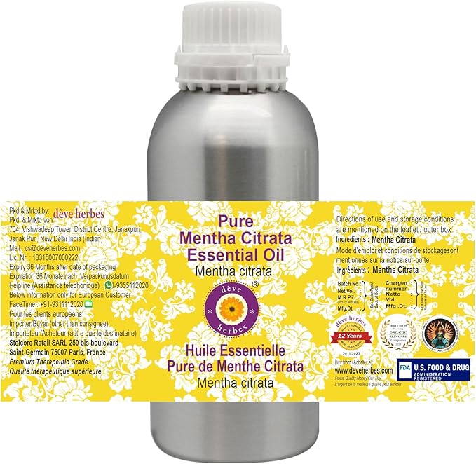 Deve Herbes Pure Mentha Citrata Essential Oil (Mentha citrata) Steam Distilled 300ml (10 oz)