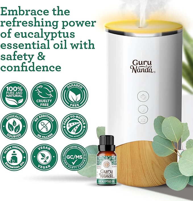 GuruNanda Eucalyptus Essential Oil -100% Pure, Natural and Undiluted Aromatherapy Oil for Diffusers - Enhances Your Breathing Space- Perfect for Massages (0.5 Fl Oz)