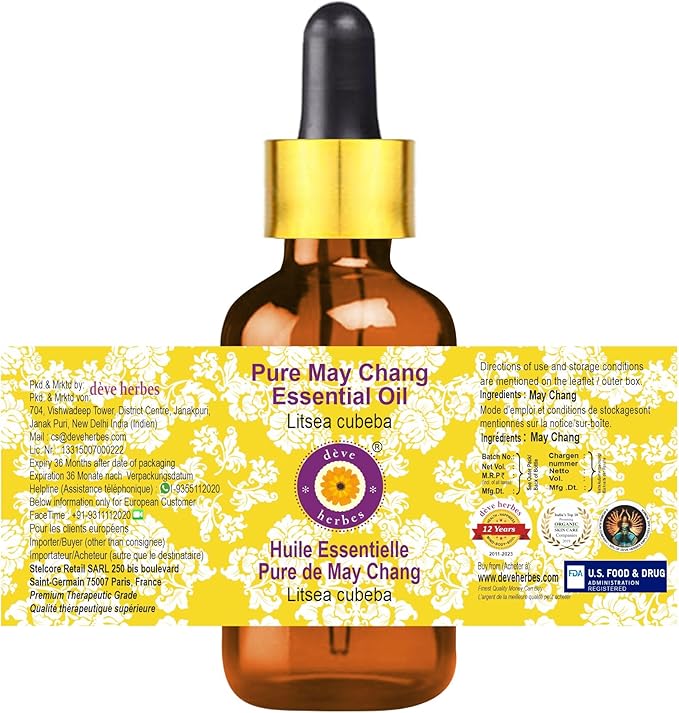 Deve Herbes Pure May Chang Essential Oil (Litsea cubeba) with Glass Dropper Steam Distilled 15ml (0.50 oz)