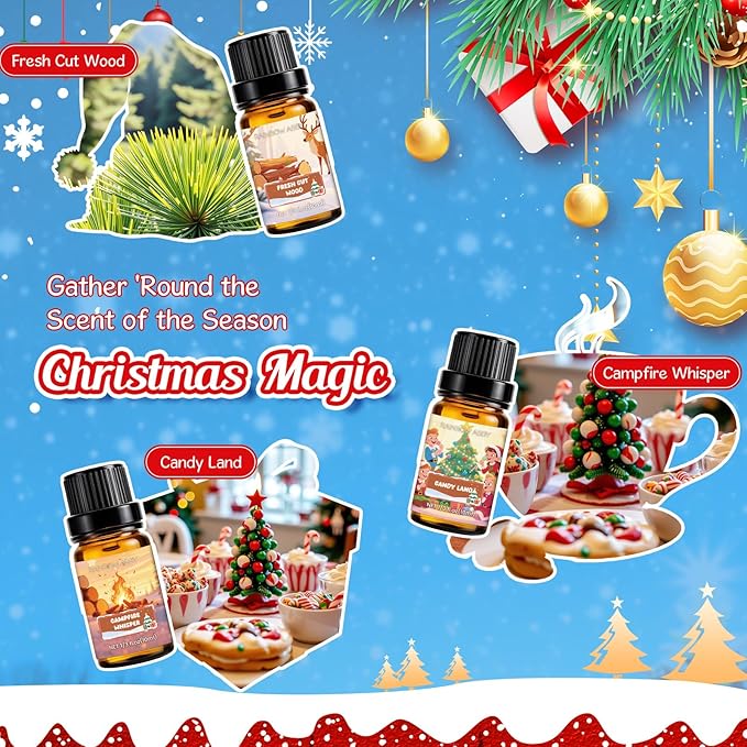 RAINBOW ABBY Christmas Fragrance Oil Set, Holiday Essential Oils for Diffuser, Fresh Cut Wood, Campfire Whisper, Candy Land, Gingerbread Cinnamon, Vanilla Cinnamon, Berries & Cream, 6X 10ml