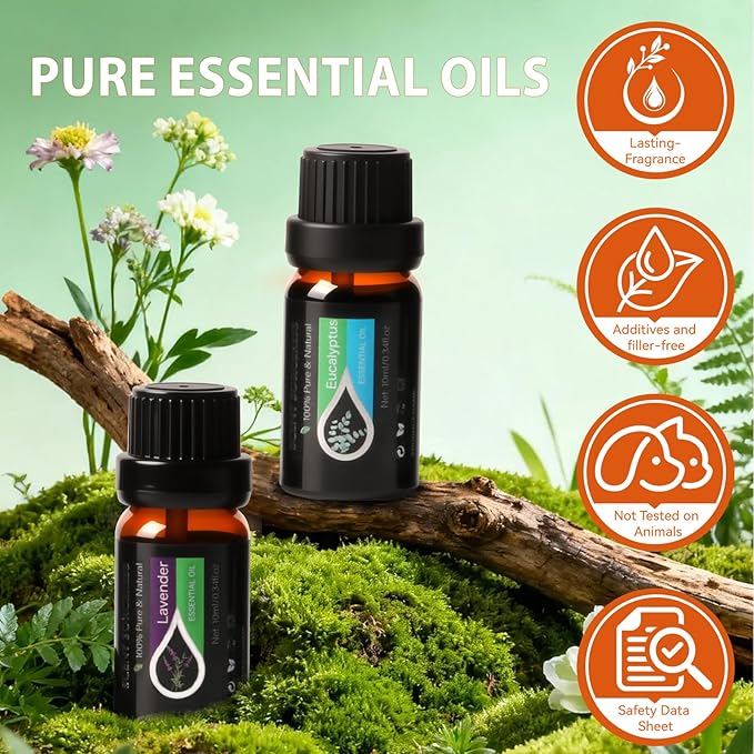 Essential Oils Set, 20 x 10ML Essential Oil Gift for Diffuser, Massage, Humidifiers, Sleep, Refreshing, Cars & Home Products, Eucalyptus, Lavender, Peppermint, Tea Tree More Aromatherapy Oil
