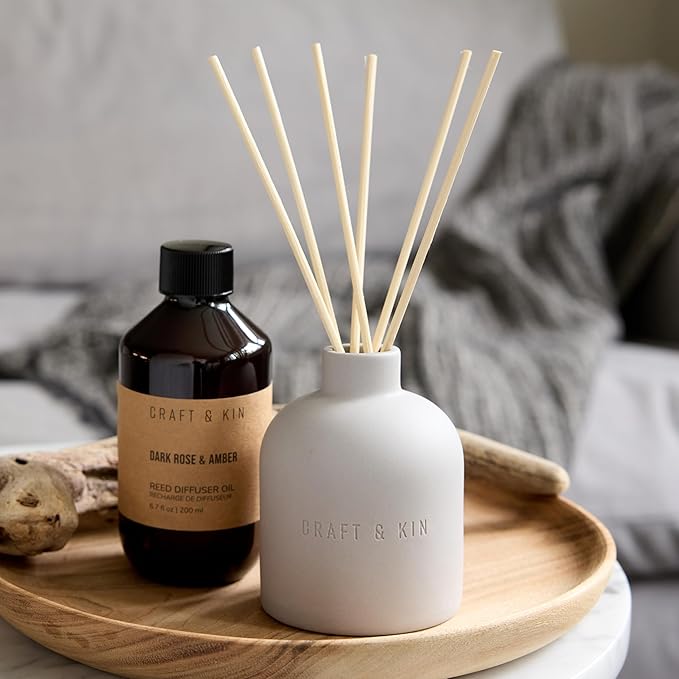 Craft & Kin Reed Diffuser for Home & Bathroom – Rose & Oud Holiday Reed Diffuser Set with Fragrance Sticks, Long-Lasting Alcohol-Free Scent, Earthenware Collection, 6.7oz