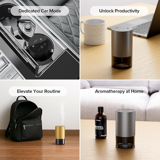 Airversa Dual-Nozzle Waterless Essential Oil Diffuser for Home Rechargeable Scent Diffusers with 5 Timer Settings, 4 Mist Levels with Vehicle Mode for Car Room Studio Office, Black Metal