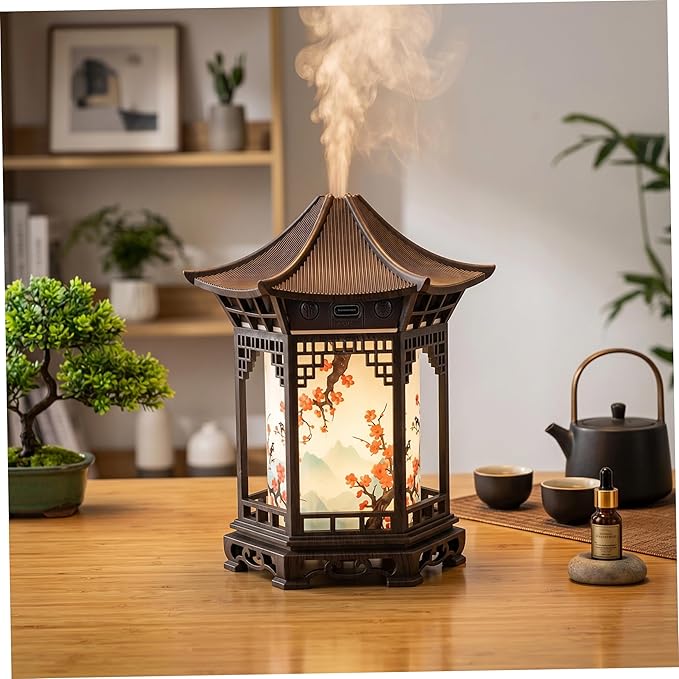 Chinese Lanterns, Chinese Lamp Essential Oil Diffuser & Night Light - 160ml 2-in-1 Humidifier with Dual Color Temperatures & Adjustable Mist, Brown