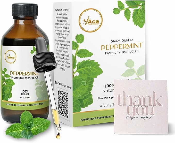MyAce Peppermint Essential Oil 4 fl oz – 100% Pure & Steam Distilled Mentha Piperita – Undiluted, Natural Aromatherapy Oil for Diffuser, DIY Blends, Hair & Skin Care