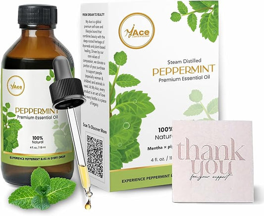 MyAce Peppermint Essential Oil 4 fl oz – 100% Pure & Steam Distilled Mentha Piperita – Undiluted, Natural Aromatherapy Oil for Diffuser, DIY Blends, Hair & Skin Care