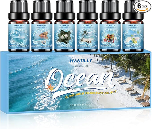 Ocean Essential Oils Set, Summer Essential Oils for Diffusers for Home, Beach Fragrance Oils for Candles & Soap Making, Scented Oils for Blue Sky, Wind, Coast, Sunshine & Fruit, Fresh Beach, Myrtle