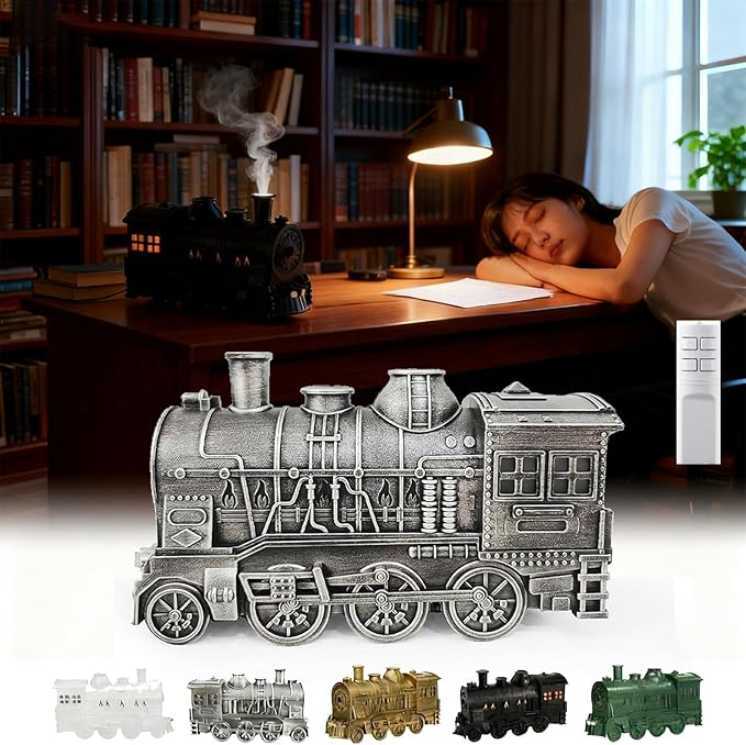 2026 New Train Diffuser, 300ml Train Essential Oil Diffuser – Aromatherapy Humidifier with Dual-Color LED Light, Ultrasonic Cool Mist, Quiet Auto Shut-Off Steam for Home & Office (Silver, Remote)