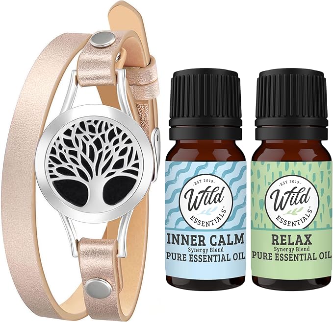 Wild Essentials Tree of Life Diffuser Wrap Bracelet Kit – Adjustable 5"–7.5" Leather + 316L Stainless Steel Locket, 12 Color Pads (17mm) – Includes Inner Calm & Relax (2 x 10ml)