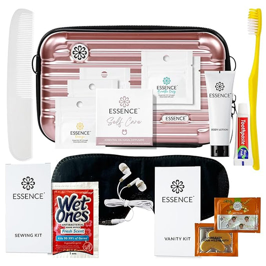 Essence Travel Amenity Kit | Travel Essentials & Travel Size Toiletries Kit | 5-Pack Nasal Diffuser Rings, Sleep Mask, Lotion & Hygiene Kit | Travel Toiletry Kit for Women | Rose Case