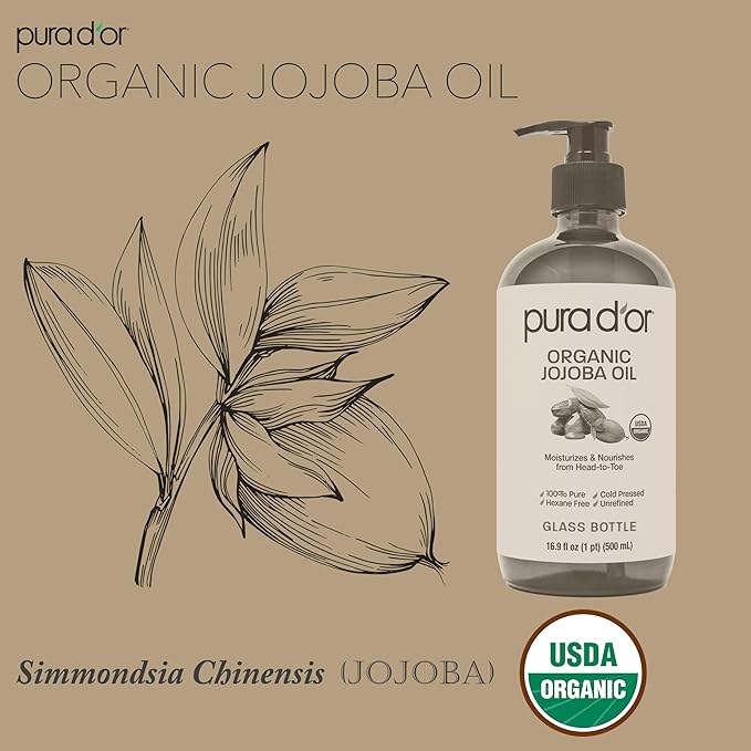 PURA D'OR ORGANIC Jojoba Oil (16.9 Oz GLASS BOTTLE) USDA Certified - 100% Pure & Natural Moisturizer - Cold Pressed, Unrefined, Hexane Free Base Carrier Oil For DIY Skin Care, Hair, Face & Nails