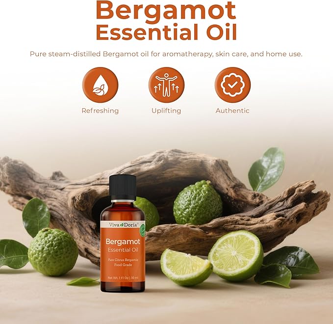 Viva Doria 100% Pure Bergamot Essential Oil, Undiluted, Food Grade, Italian Bergamot Oil, 1 Fluid Ounce (30 mL) Natural Aromatherapy Oil