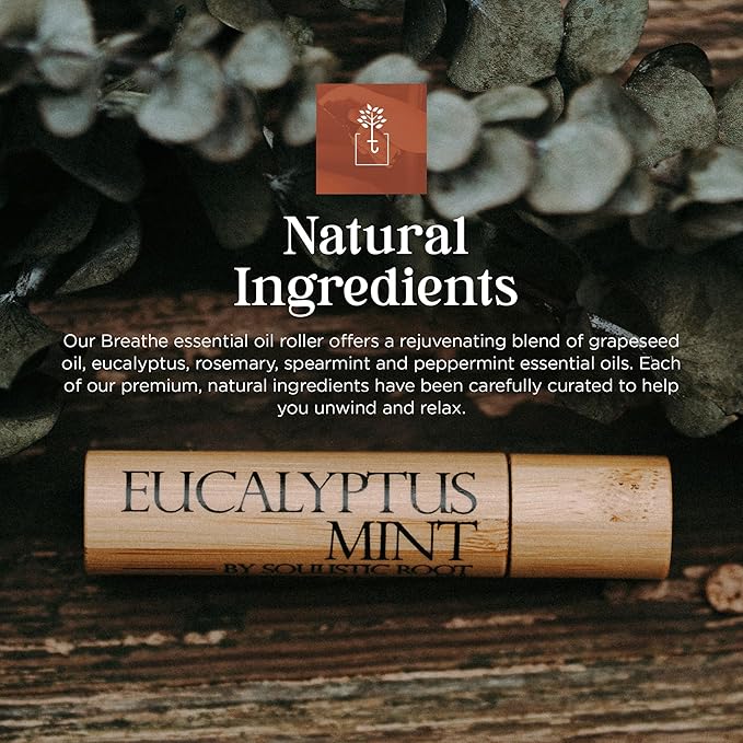 Soulistic Root Eucalyptus Mint Essential Oil Roll On – Aromatherapy Blend w/Peppermint, Spearmint, Rosemary – Breathe Rollerball for Self Care, Spa, Energy, Wellness – 10ml Bottle - for Men & Women