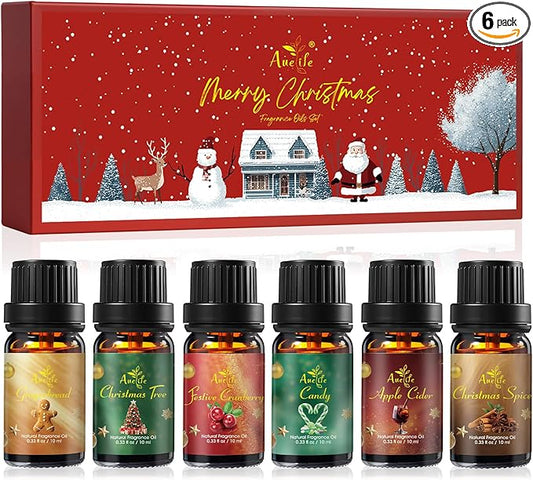 Winter Essential Oil Set | 6 Pack Holiday Fragrance Oils for Diffuser, Candle Making | Christmas Tree, Spice, Gingerbread, Apple Cider, Candy, Cranberry | Aromatherapy Gift Set for Home & Women