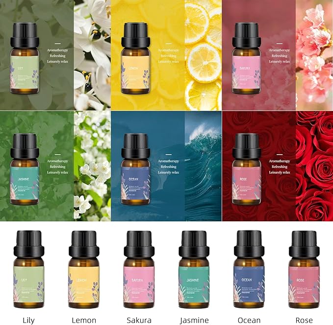 USB Essential Oil Diffuser with 6 Oils, Portable Ultrasonic Aromatherapy Diffuser for Home & Car, Cool Mist, 7-Color LED Night Light, Auto Shut-Off, One-Button Control,3 Colors (Grey)