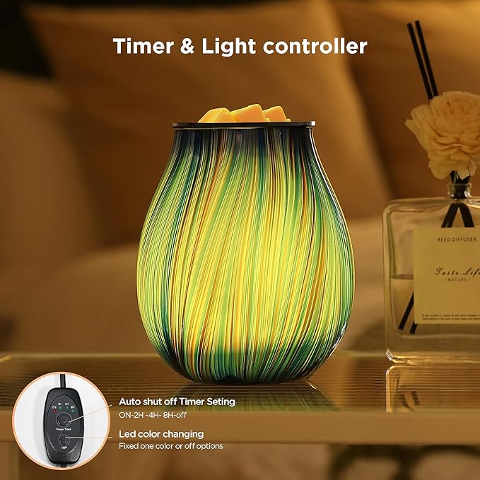 Electric Wax Melt Burner Art Glass Scented Candle Warmer with Timer and 7 led Color Changing Removable Silicone Dish for Wax Melts Fragrance Oil Night Light Candle Warmer for Home