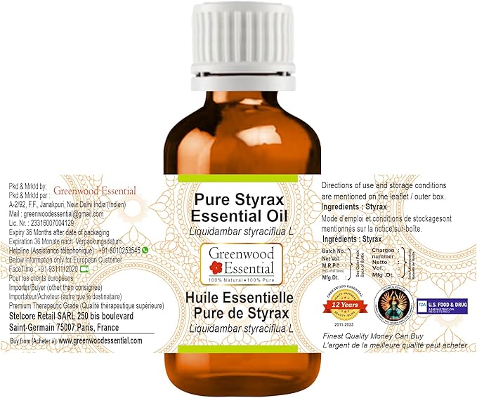 Deve Herbes Pure Styrax Essential Oil (Liquidambar styraciflua L) Steam Distilled 30ml (1 oz)