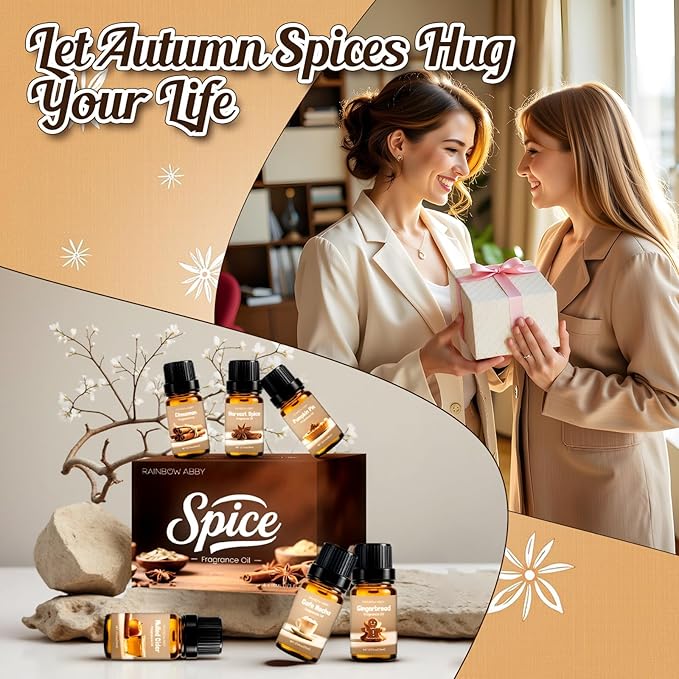 Spice Fragrance Oils Set, RAINBOW ABBY Fall Essential Oil Set for Diffuser, Candle, Soap Making, Pumpkin Pie, Harvest Spice, Gingerbread, Cinnamon, Mulled Cider, Cafe Mocha, Scented Oils, 6x10ml