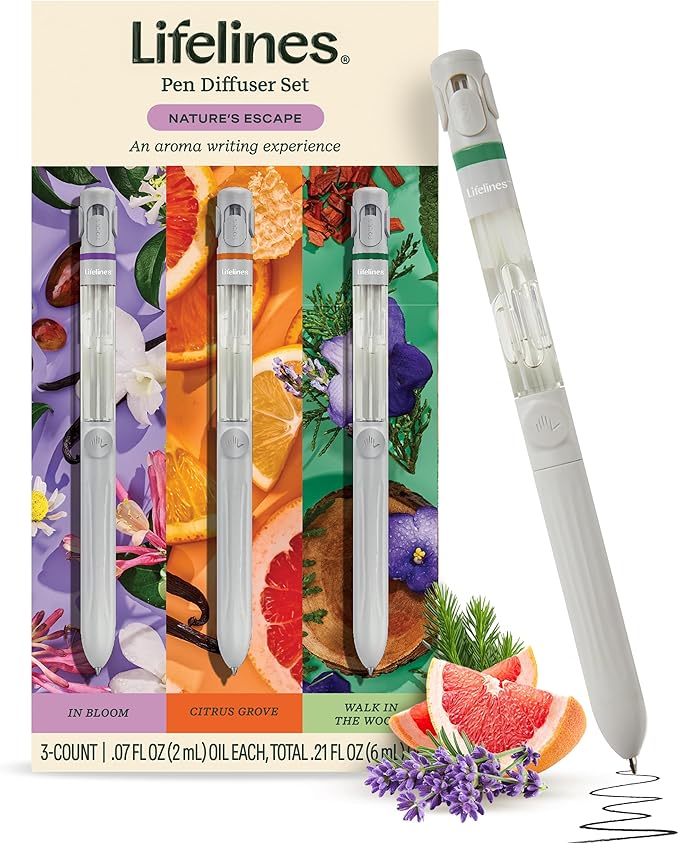 Lifelines Pen Diffuser Set, Nature's Escape 3-Pack – 1mm Black Ballpoint Pens with Scented Essential Oil Blends – Aromatherapy Diffuser & Sensory Immersion Diffuse Aroma As You Write