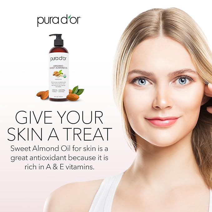 PURA D'OR ORGANIC Sweet Almond Oil (16 Oz) 100% Pure & Natural USDA Certified Cold Pressed Carrier Oil For DIY Beauty - Non-Greasy, Unscented, Hexane Free Moisturizer - For Hair & Skin | ORGANIC, 100% Pure, Natural, USDA Certified, Cold Pressed, Carrie...
