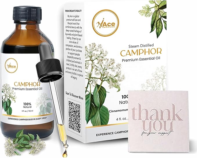 My Ace Camphor Essential Oil 4 Fl Oz – 100% Natural, Steam Distilled Camphor Oil – for Diffuser, Aromatherapy, Skin & Hair Care – Highly Concentrated – Includes Dropper