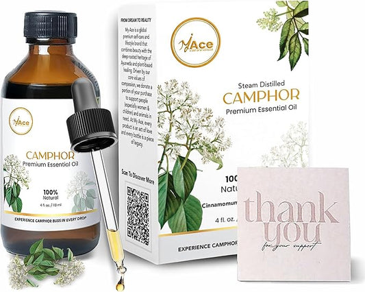 My Ace Camphor Essential Oil 4 Fl Oz – 100% Natural, Steam Distilled Camphor Oil – for Diffuser, Aromatherapy, Skin & Hair Care – Highly Concentrated – Includes Dropper