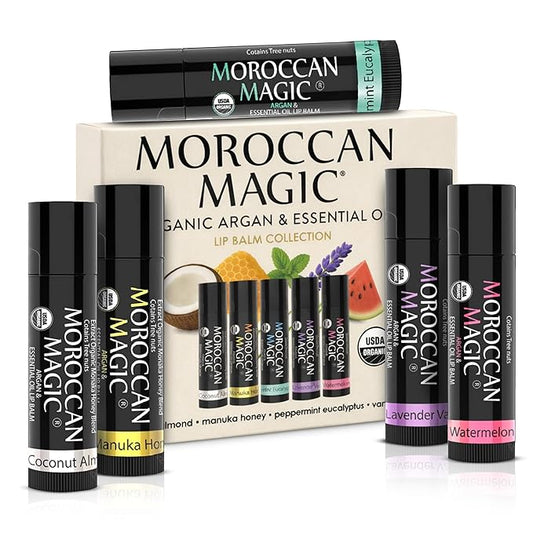 Moroccan Magic Organic Lip Balm 5 Piece Variety Pack Gift Set | Ultra-Hydrating Argan & Essential Oil Lip Moisturizer + Vitamin E | Smooth | Natural | Non-Toxic | Cruelty Free | 5 Pack