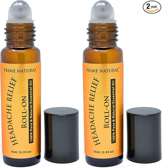 PRIME NATURAL Headache Relief Essential Oil Roll On 10ml, Pre-Diluted, Ready to Use Roller for Migraine, Tension, Calming, Soothing, Grounding, Sore Muscles, Sprain & Sleep (Pack of 2)