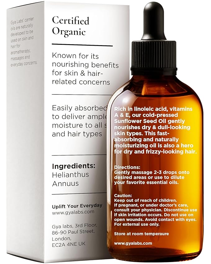 Gya Labs USDA Organic Sunflower Oil - 3.4 Fl Oz - Carrier Oil for Hair, Skin, Face, Scalp & Body Massage