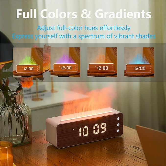 ClocTeck Flame Diffuser Humidifier, 700ml Large Fire Diffuser Humidifier for Desk, Full-Color Adjustable, Time & Humidness Display, 26dB Quiet, Cool Mist Diffuser, Essential Oil Diffuser for Bedroom