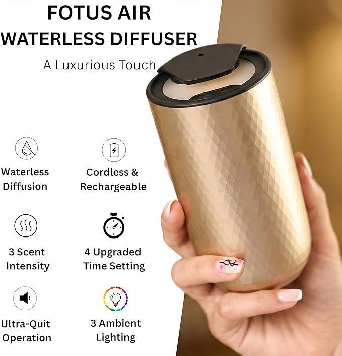 Waterless Essential Oil Diffuser – Portable Cordless Aromatherapy Diffuser for Home, Car, Office – 3 Mist Levels - 4 Timer Modes - 15ml Oil Capacity - USB-C Rechargeable