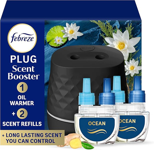 Febreze PLUG Scent Booster Starter Kit, Black, Oil Diffuser, Air Freshener Plug In, Continuous Scent Device + 2 Ocean Refills