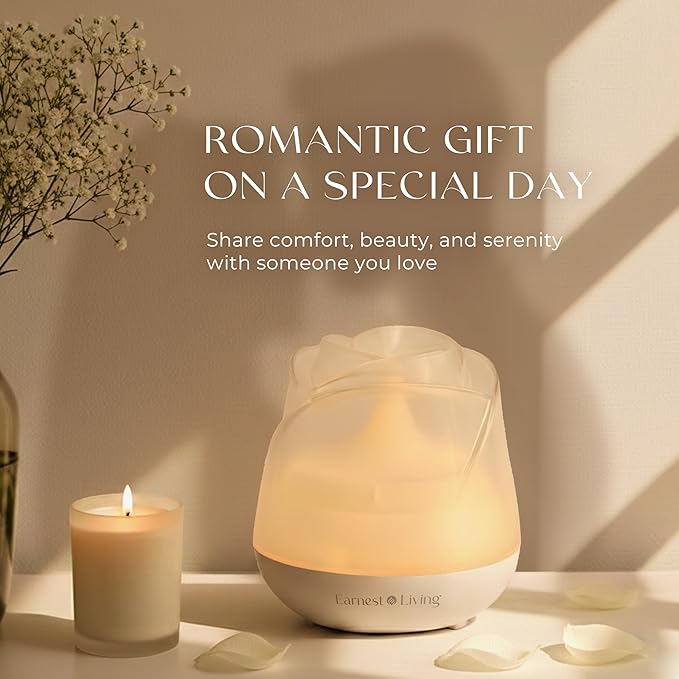 Earnest Living Rose Essential Oil Diffuser 150ml – Mini Ultrasonic Aromatherapy Humidifier for Bedroom & Desk, Quiet Mist, USB Powered, 7-Color Night Light, for Women – Solid White