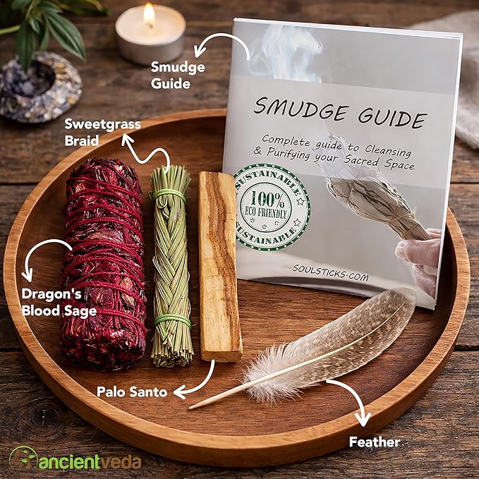 Ancient VEDA Organic Smudge Kit – Dragon's Blood, Palo Santo, Sweetgrass Braid, Feather & Smudge Guide | Home Cleansing Kit for Meditation, Yoga, Energy Healing (Starter Kit, Dragon's Blood Sage)