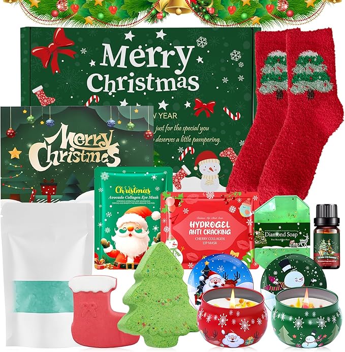 JAOJAO Christmas Gift Sets for Women, Bath Gift Set for Women Secret Santa Gifts Stocking Stuffers Festive Self-Care with Massage Oil, Scented Candle, Bath Salts, Soap, Stocking, Greeting Cards