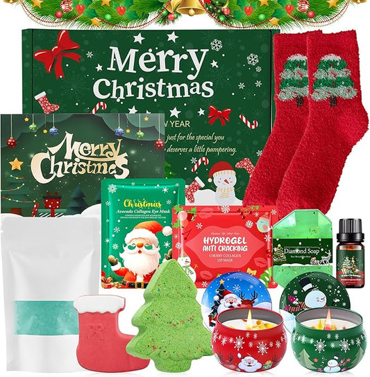 JAOJAO Christmas Gift Sets for Women, Bath Gift Set for Women Secret Santa Gifts Stocking Stuffers Festive Self-Care with Massage Oil, Scented Candle, Bath Salts, Soap, Stocking, Greeting Cards