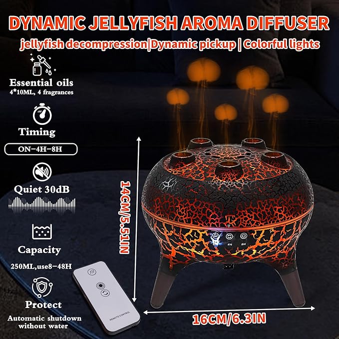 KCKJ Jellyfish Essential Oil Diffuser Sound-Activated Spray Dancing Jellyfish,250ml Aroma Air Diffuser, 3 Mist Modes & 7 Color Lights, Volcanic Lava Design for Home Bedroom(Black Crack)