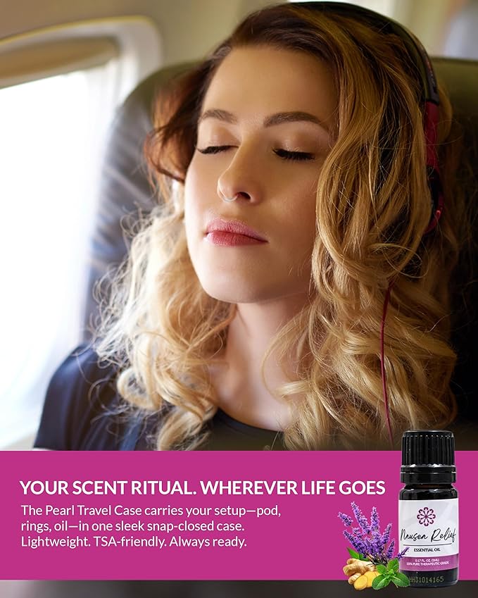 Essence Pearl Travel Case | Nausea Relief Essential Oil | Aromatherapy Nasal Diffuser & Essential Oil Carrying Case | Peppermint & Ginger Blend | Travel-Friendly Kit | White Pod