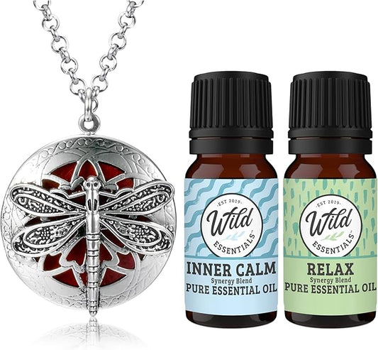 Wild Essentials Dragonfly Necklace Essential Oil Diffuser Kit with Lavender, Lemongrass, Peppermint, Orange Oils, 12 Refill Pads, Calming Aromatherapy Gift Set, Customizable Color Changing, Perfume